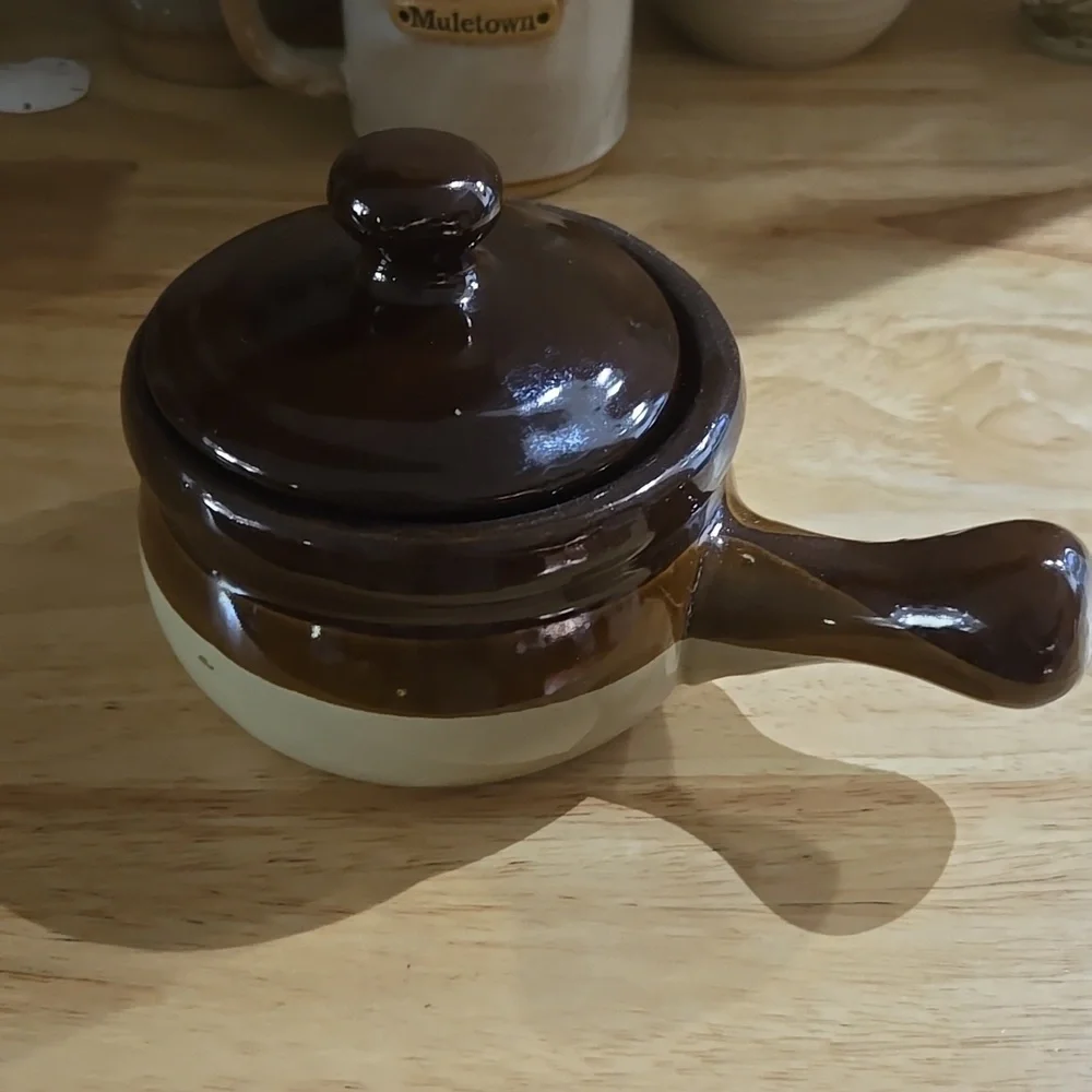 Antique Brown and Cream Ceramic Soup Bowl with Handle - Picture 1 of 9